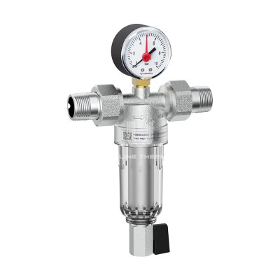 Купить Фильтр сетчатый промывной Varmega VMSF04-C16052 PN16 3/4", для ХВС, с разъемными соединениями, хромированный (c манометром) в магазине Mirkotlov.by (Мир Котлов) - отличное качество. Купить Фильтр сетчатый промывной Varmega VMSF04-C16052 PN16 3/4", для ХВС, с разъемными соединениями, хромированный (c манометром)