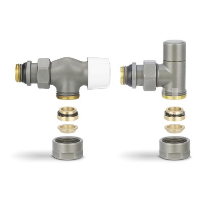 Комплект термостатический с запорным клапаном Varmega №3 VMDV12-310415, 1/2" x 3/4"EK ВР-НР, осевой, серый