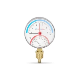 Термоманометр радиальный Varmega VMMT07-801004, диаметр 80 мм, 10 бар, 120°С, 1/2", с запорным клапаном