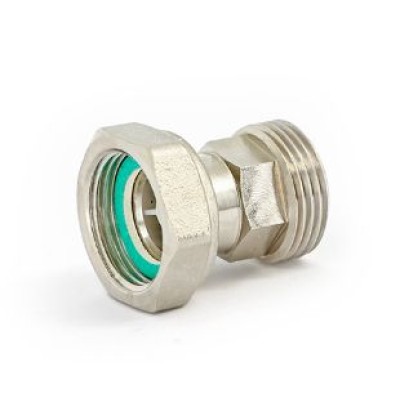 Соединение с накидной гайкой Uni-Fitt 623N3000, ВР-НР 3/4", с плоским уплотнением, обратным клапаном, никелированное Соединение с накидной гайкой Uni-Fitt 623N3000, ВР-НР 3/4", с плоским уплотнением, обратным клапаном, никелированное