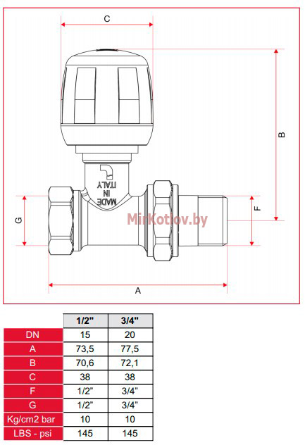Размеры радиаторного крана ITAP 294
